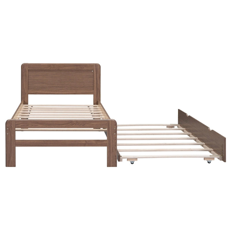 Walnut Twin Platform Bed Frame with Pull-Out Trundle, Rubberwood Construction