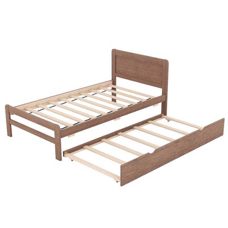 Walnut Twin Platform Bed Frame with Pull-Out Trundle, Rubberwood Construction