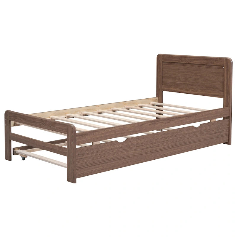 Walnut Twin Platform Bed Frame with Pull-Out Trundle, Rubberwood Construction