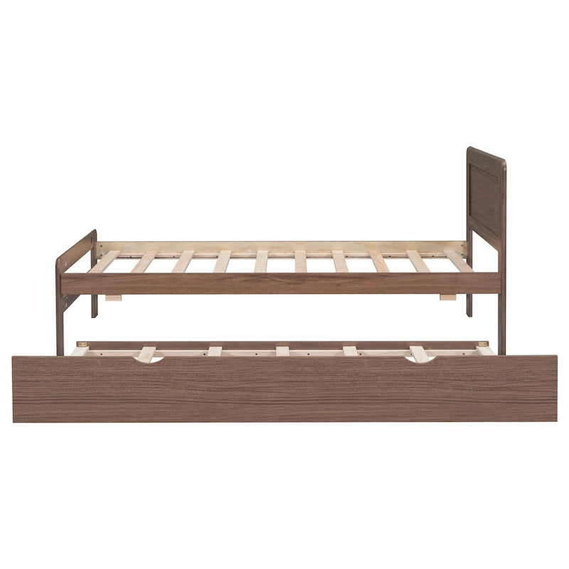 Walnut Twin Platform Bed Frame with Pull-Out Trundle, Rubberwood Construction