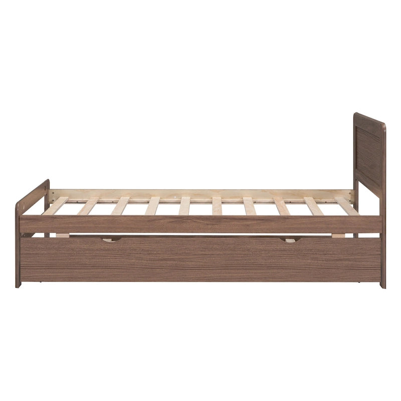 Walnut Twin Platform Bed Frame with Pull-Out Trundle, Rubberwood Construction