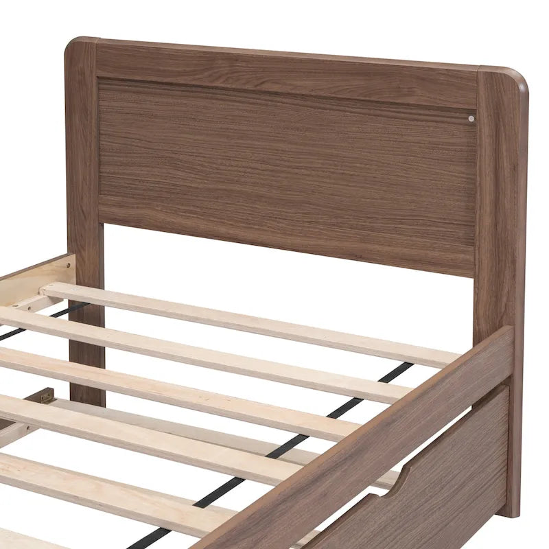 Walnut Twin Platform Bed Frame with Pull-Out Trundle, Rubberwood Construction