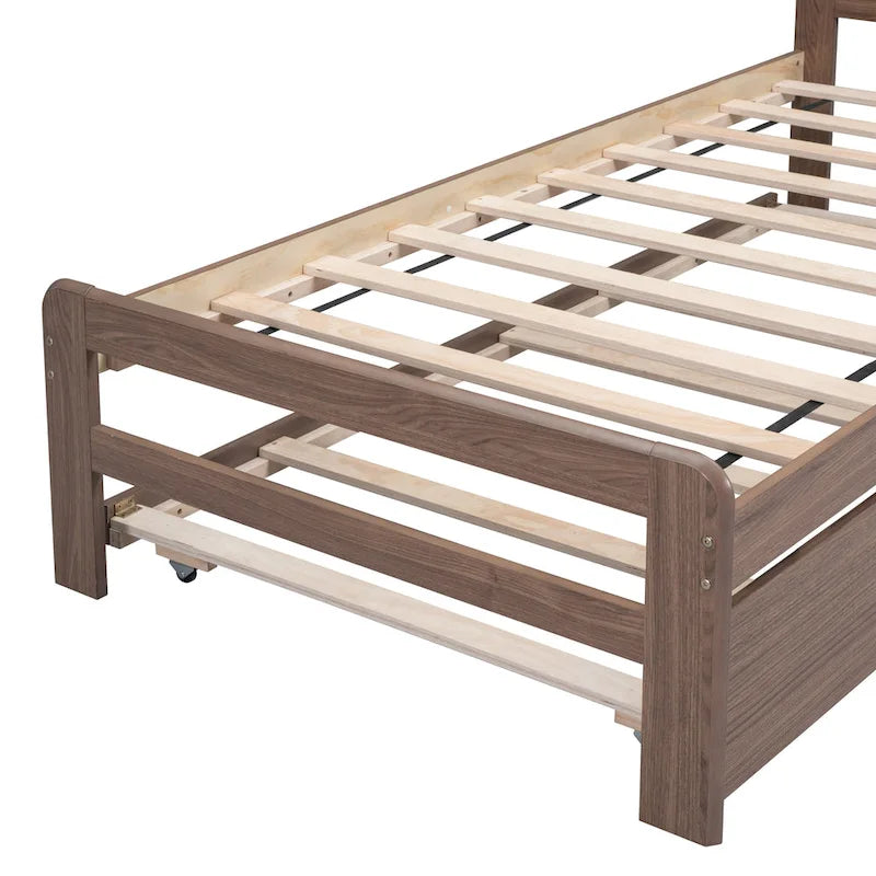 Walnut Twin Platform Bed Frame with Pull-Out Trundle, Rubberwood Construction