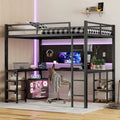 Black Full XL Metal Loft Bed with L-Shaped Desk and Storage Shelves