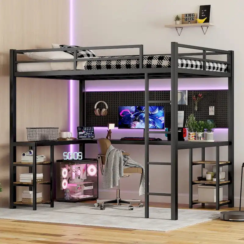Black Full XL Metal Loft Bed with L-Shaped Desk and Storage Shelves