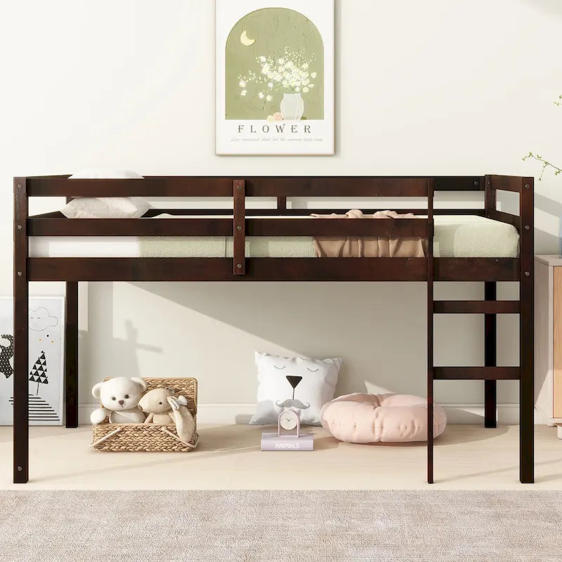 Low Loft Bed Frame with Safety Guard Rail and Side Ladder, Espresso