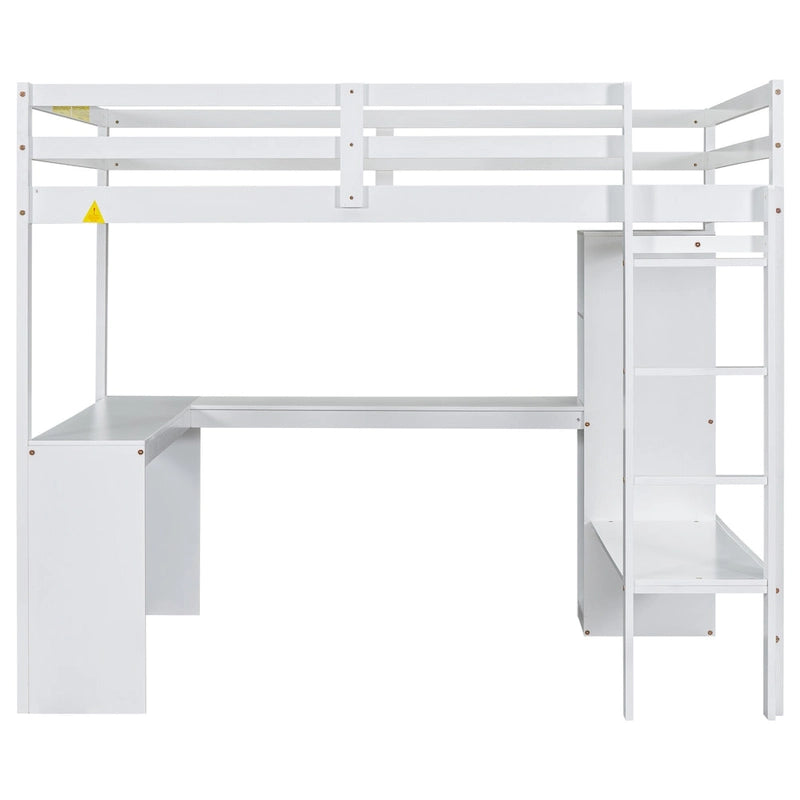 Solid Wood Loft Bed with L-shaped Desk, Wardrobe, and Shelves