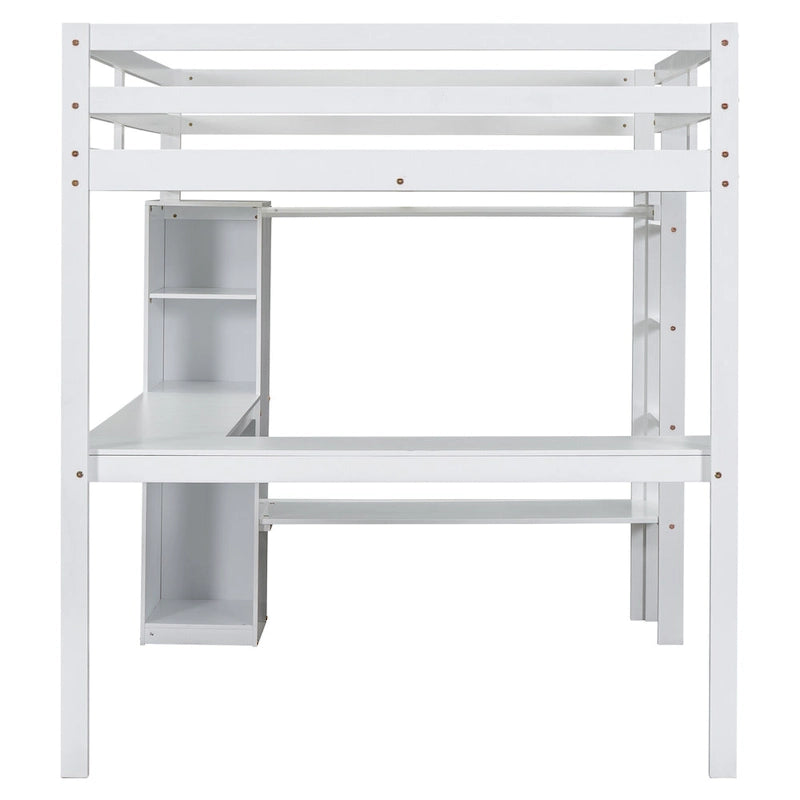 White Pine Wood Loft Bed with Integrated Desk and Storage Shelves