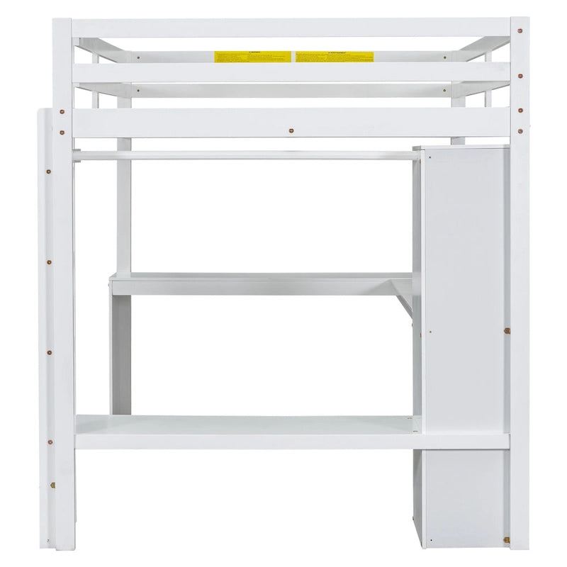 White Pine Wood Loft Bed with Integrated Desk and Storage Shelves
