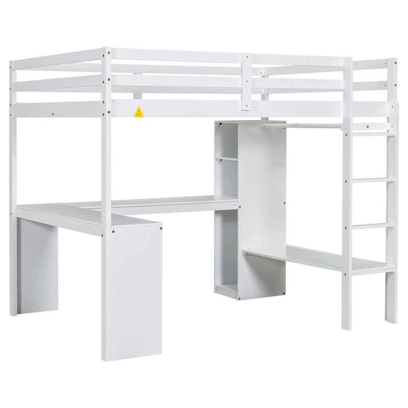 White Pine Wood Loft Bed with Integrated Desk and Storage Shelves