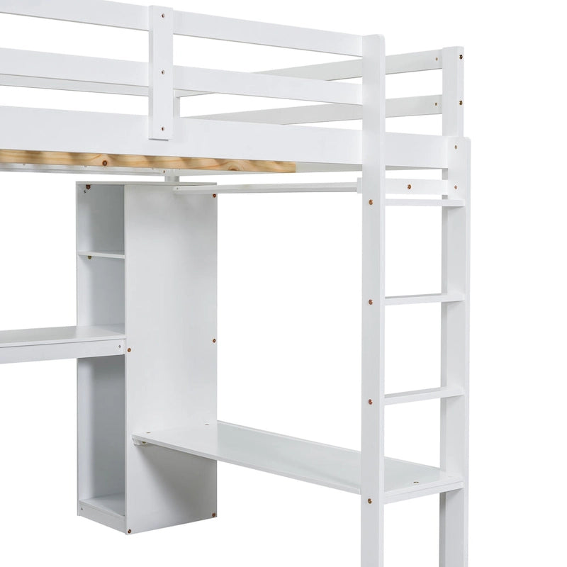 White Pine Wood Loft Bed with Integrated Desk and Storage Shelves