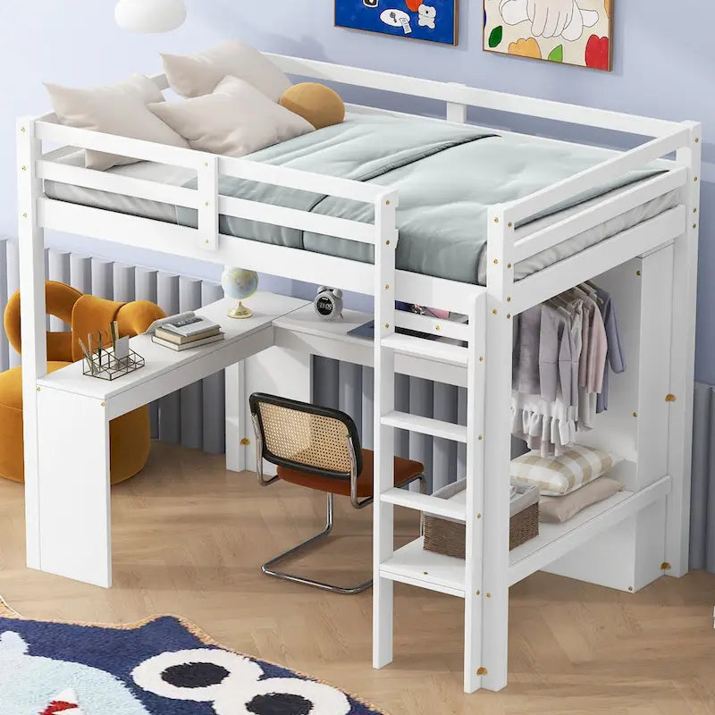 White Pine Wood Loft Bed with Integrated Desk and Storage Shelves