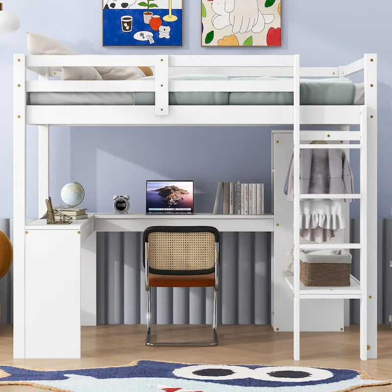 White Pine Wood Loft Bed with Integrated Desk and Storage Shelves