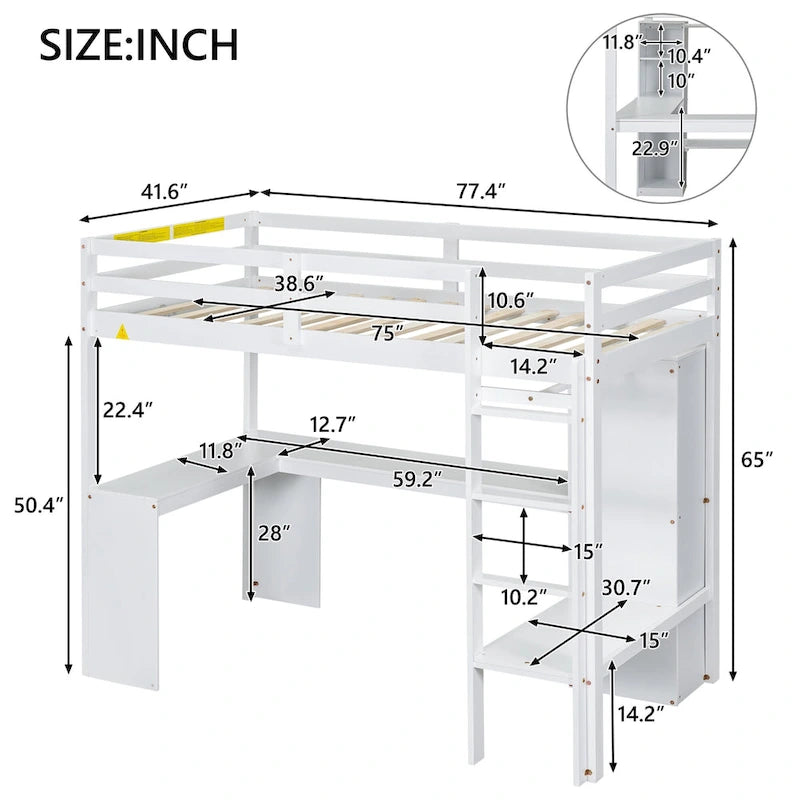 White Pine Wood Loft Bed with Integrated Desk and Storage Shelves