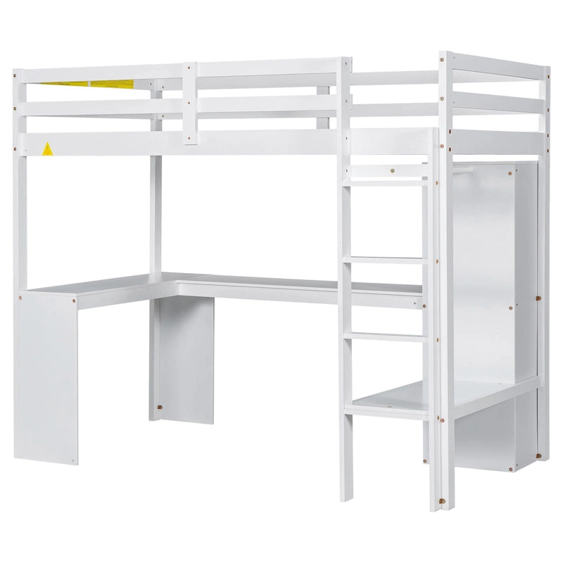 White Pine Wood Loft Bed with Integrated Desk and Storage Shelves