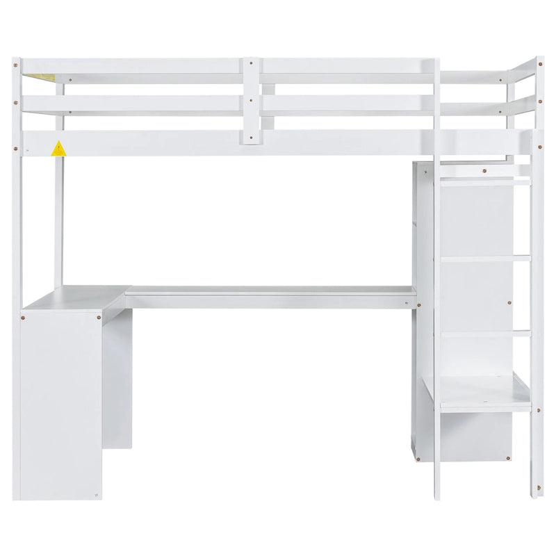 White Pine Wood Loft Bed with Integrated Desk and Storage Shelves