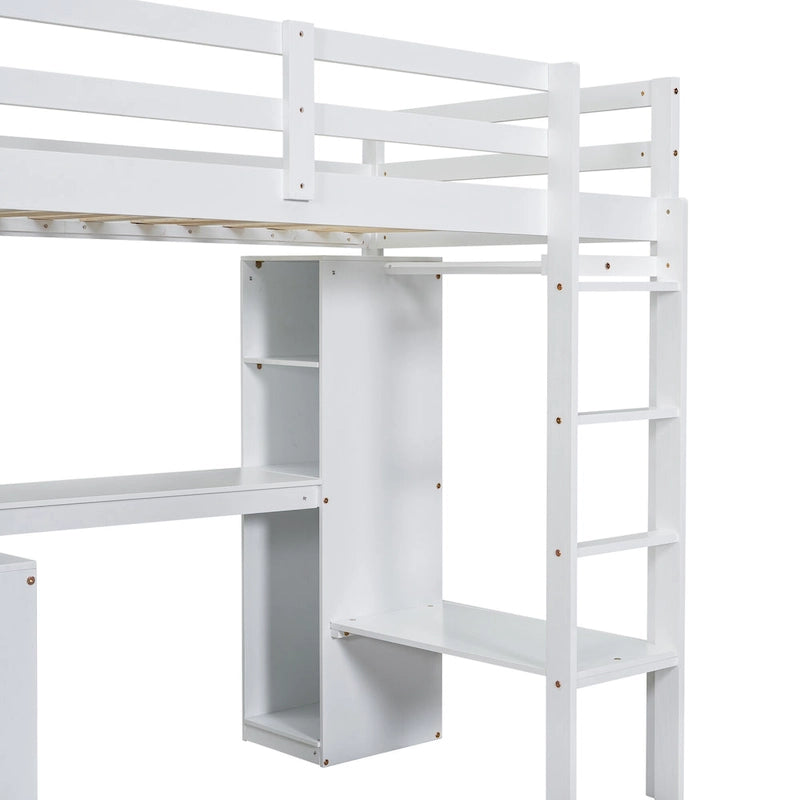 White Pine Wood Loft Bed with Integrated Desk and Storage Shelves