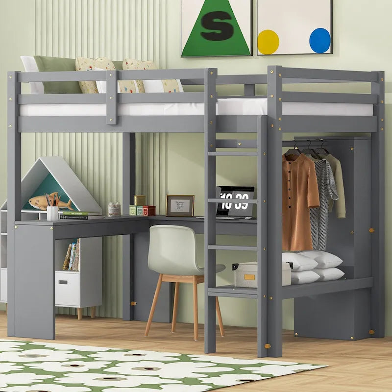 White Pine Wood Loft Bed with Integrated Desk and Storage Shelves