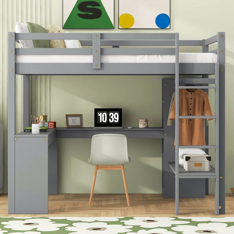 White Pine Wood Loft Bed with Integrated Desk and Storage Shelves