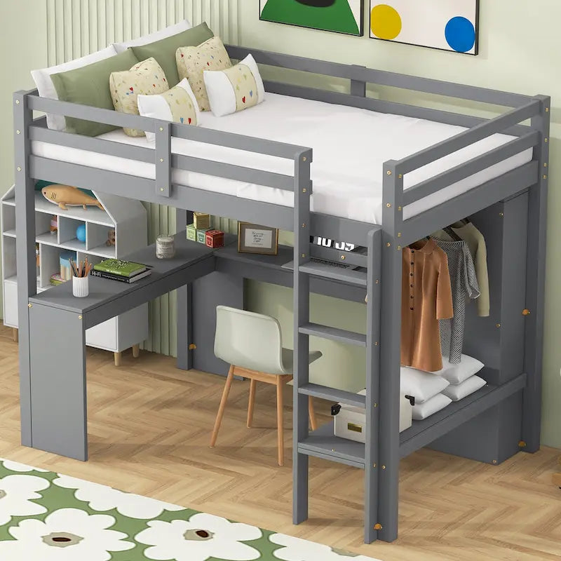 White Pine Wood Loft Bed with Integrated Desk and Storage Shelves