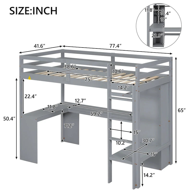 White Pine Wood Loft Bed with Integrated Desk and Storage Shelves