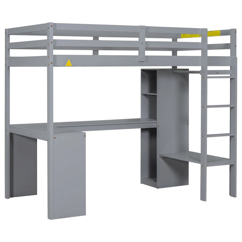 White Pine Wood Loft Bed with Integrated Desk and Storage Shelves