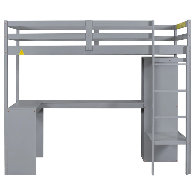 White Pine Wood Loft Bed with Integrated Desk and Storage Shelves