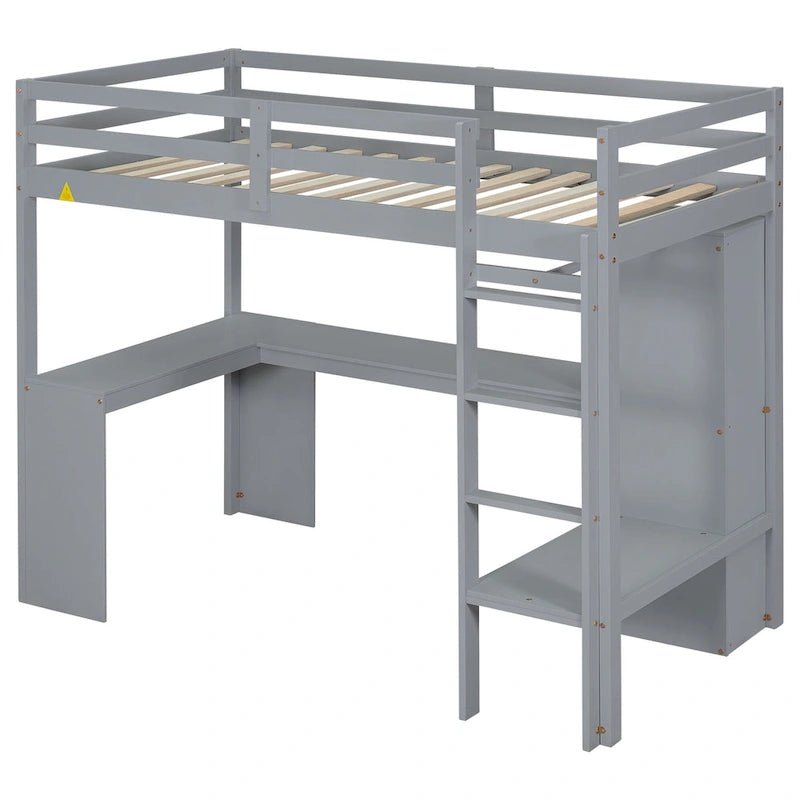 White Pine Wood Loft Bed with Integrated Desk and Storage Shelves