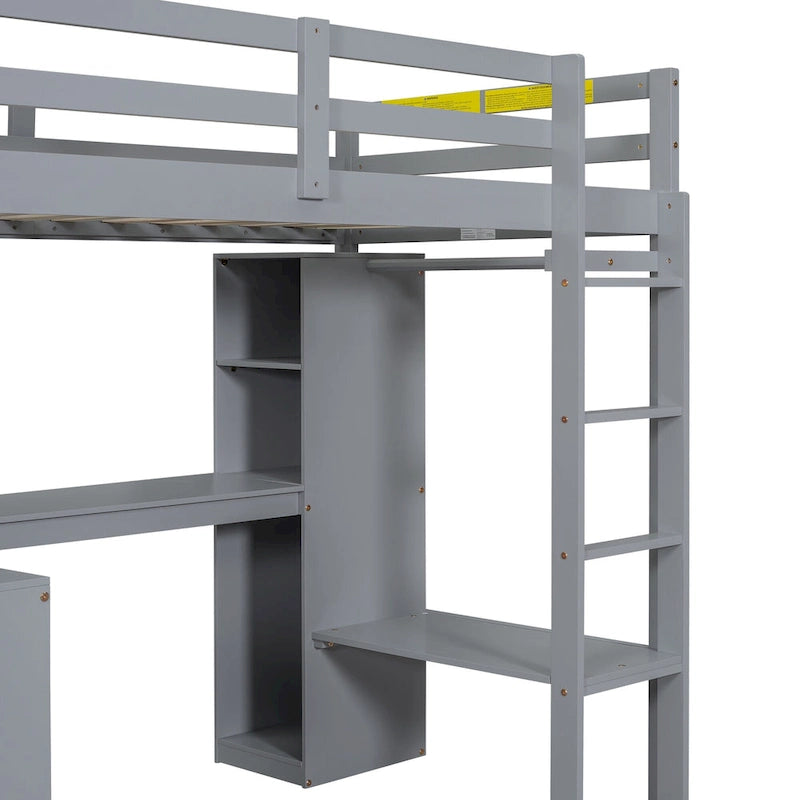 White Pine Wood Loft Bed with Integrated Desk and Storage Shelves