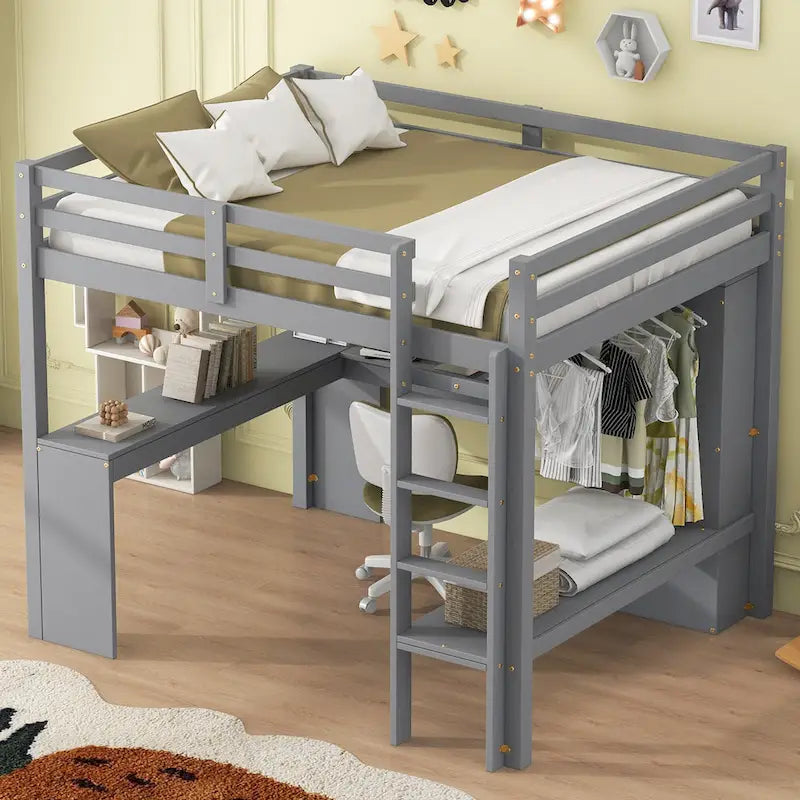 White Pine Wood Loft Bed with Integrated Desk and Storage Shelves