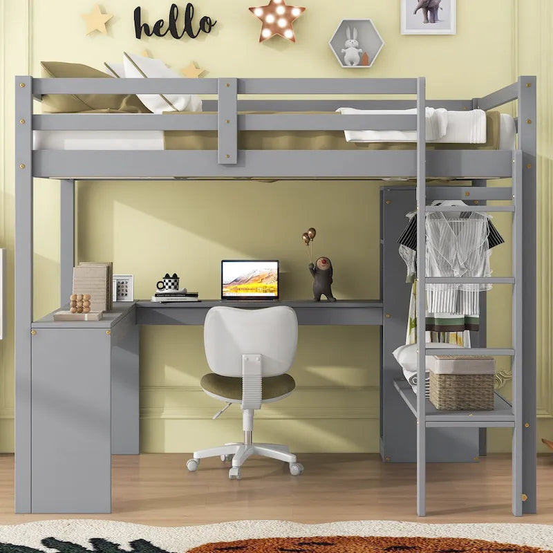 White Pine Wood Loft Bed with Integrated Desk and Storage Shelves