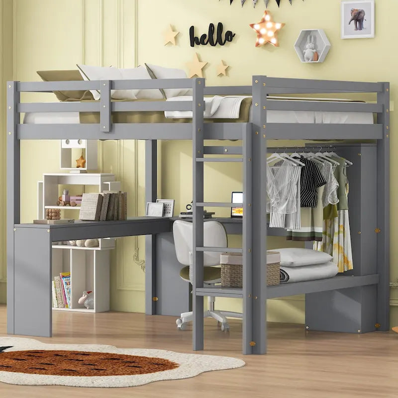 Grey Full Size Solid Wood Loft Bed with Desk and Wardrobe