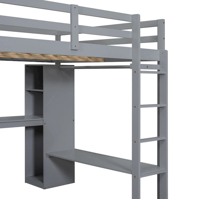 Grey Full Size Solid Wood Loft Bed with Desk and Wardrobe