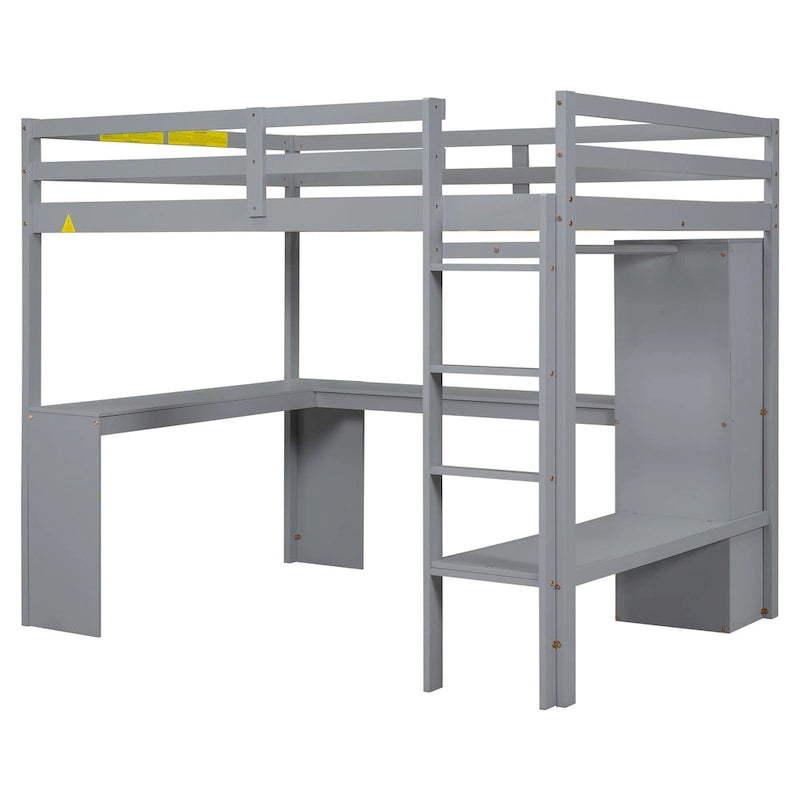 Grey Full Size Solid Wood Loft Bed with Desk and Wardrobe
