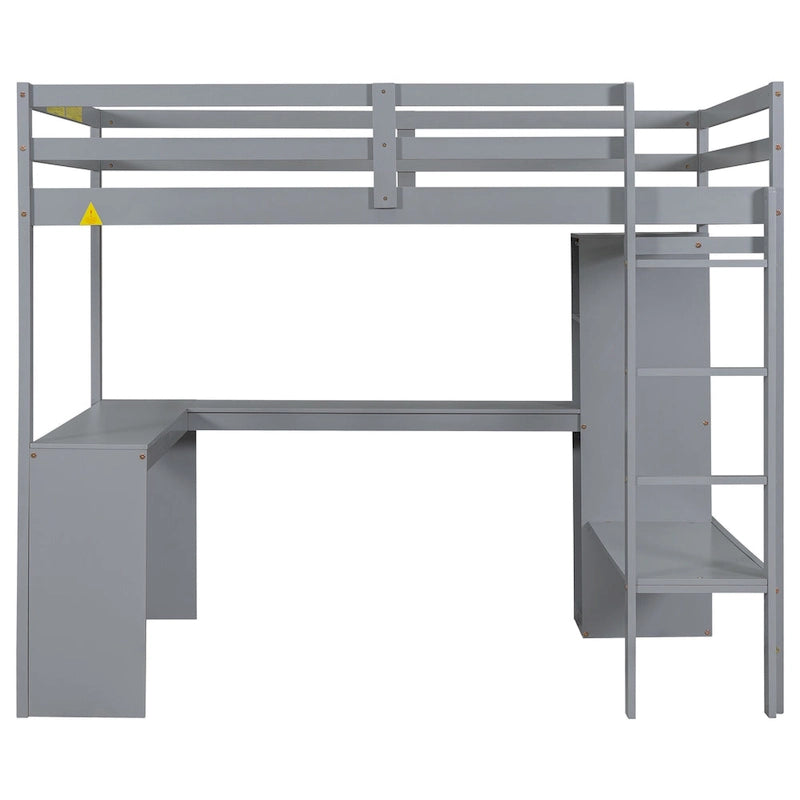 Grey Full Size Solid Wood Loft Bed with Desk and Wardrobe