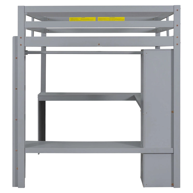 Grey Full Size Solid Wood Loft Bed with Desk and Wardrobe