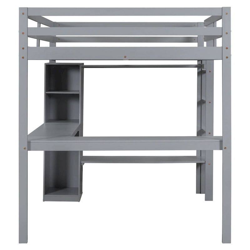 Grey Full Size Solid Wood Loft Bed with Desk and Wardrobe