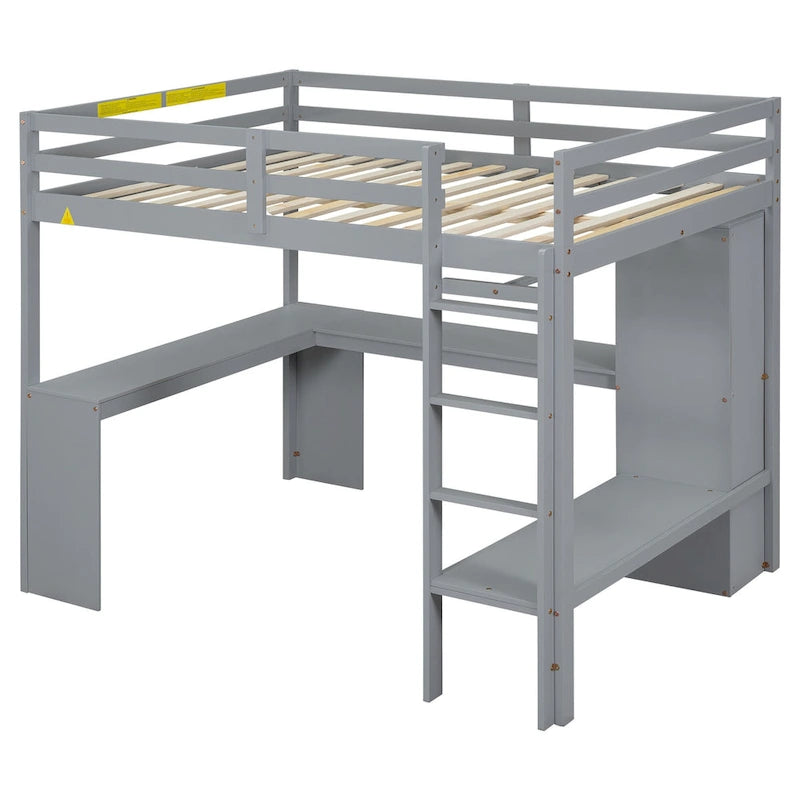 Grey Full Size Solid Wood Loft Bed with Desk and Wardrobe