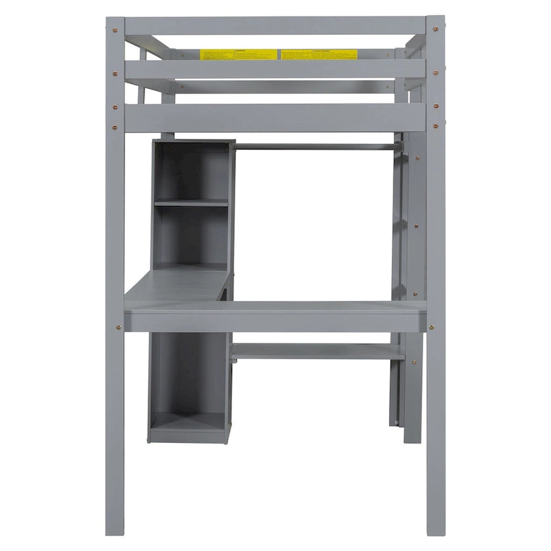 Grey Solid Wood Loft Bed with Built-In Desk and Storage Shelves