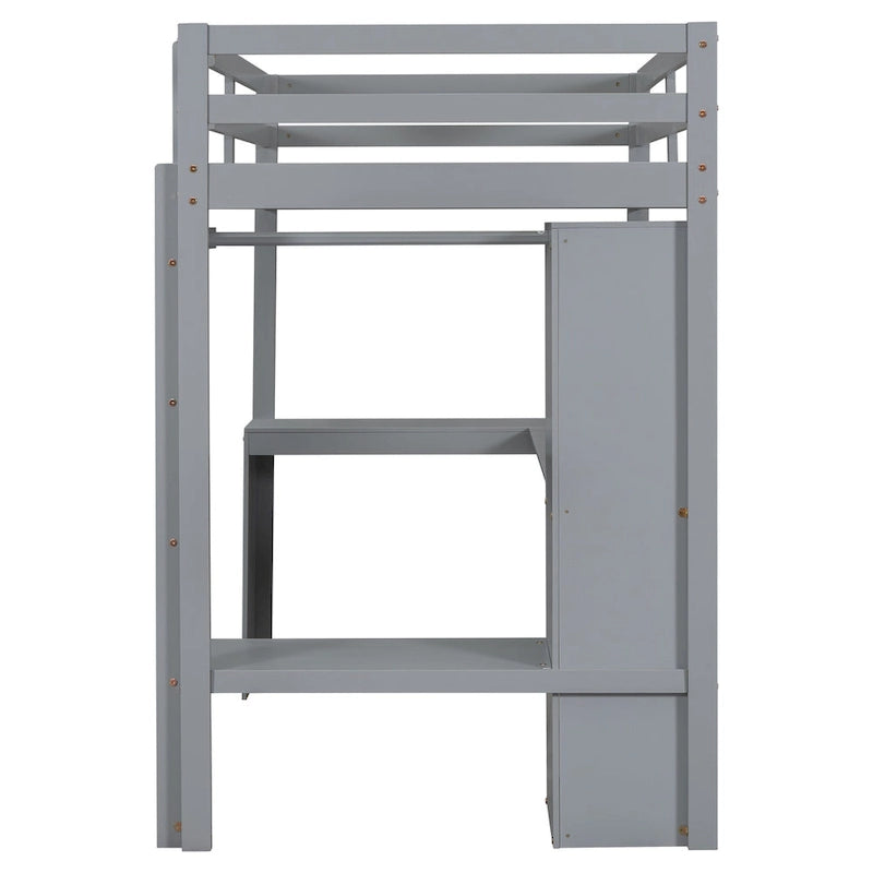 Grey Solid Wood Loft Bed with Built-In Desk and Storage Shelves