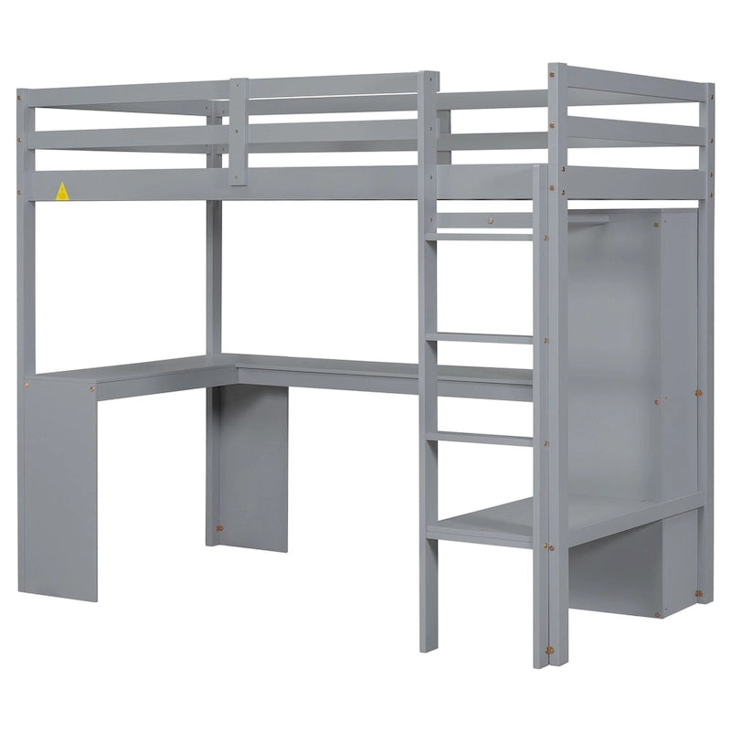 Grey Solid Wood Loft Bed with Built-In Desk and Storage Shelves