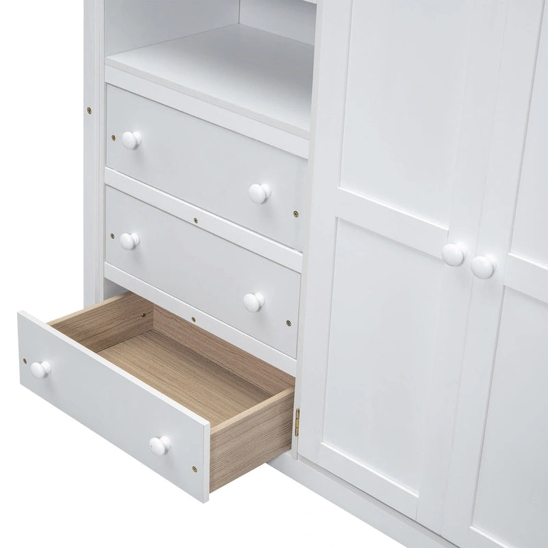 White Full Size Solid Wood Loft Bed with Wardrobe, Desk and Storage Drawers