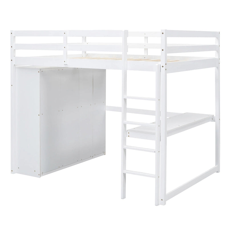 White Full Size Solid Wood Loft Bed with Wardrobe, Desk and Storage Drawers