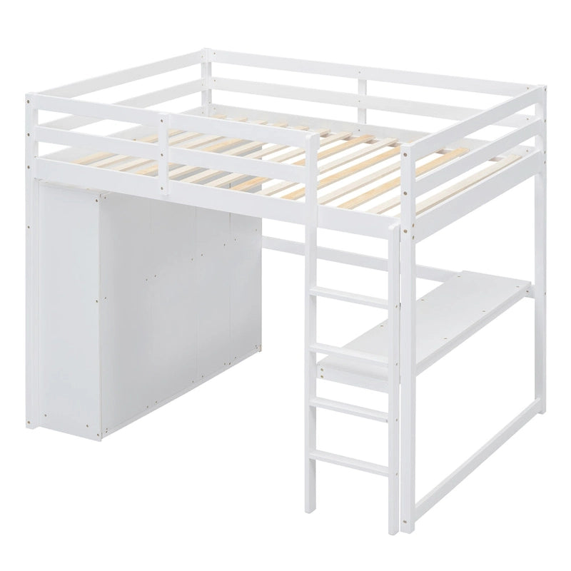 White Full Size Solid Wood Loft Bed with Wardrobe, Desk and Storage Drawers