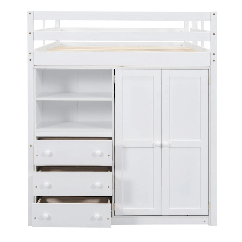 White Full Size Solid Wood Loft Bed with Wardrobe, Desk and Storage Drawers
