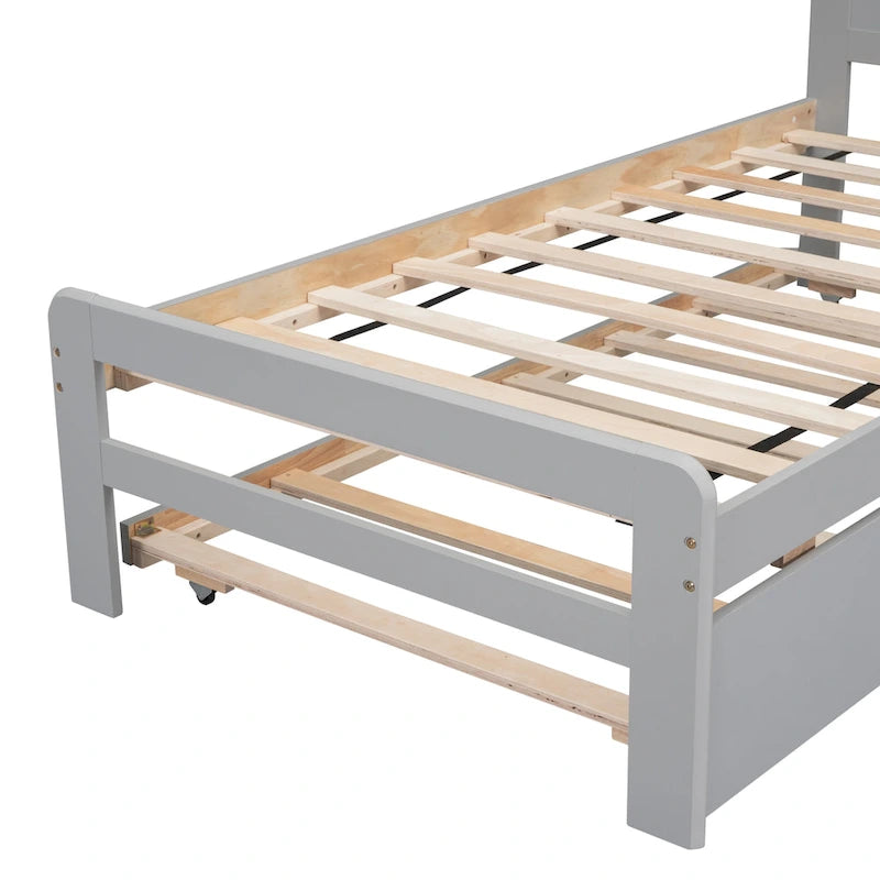 Grey Twin Wood Platform Bed Frame with Rubberwood and Plywood Construction