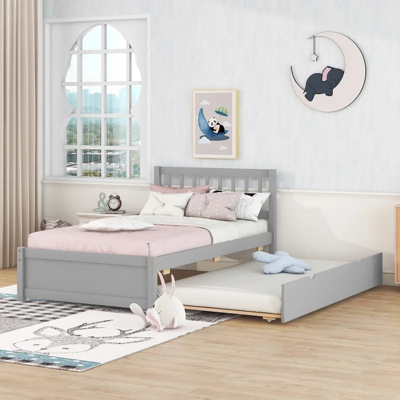 Grey Solid Rubberwood Twin Platform Bed Frame, Sleek Modern Design