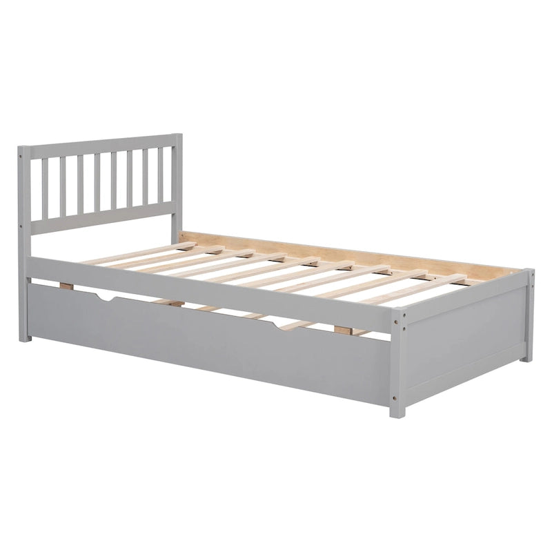 Grey Solid Rubberwood Twin Platform Bed Frame, Sleek Modern Design