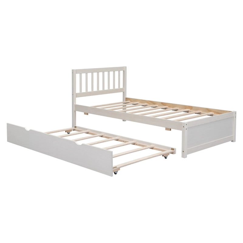 White Washed Solid Wood Twin Bed Frame with Pull-Out Trundle and Fence Headboard
