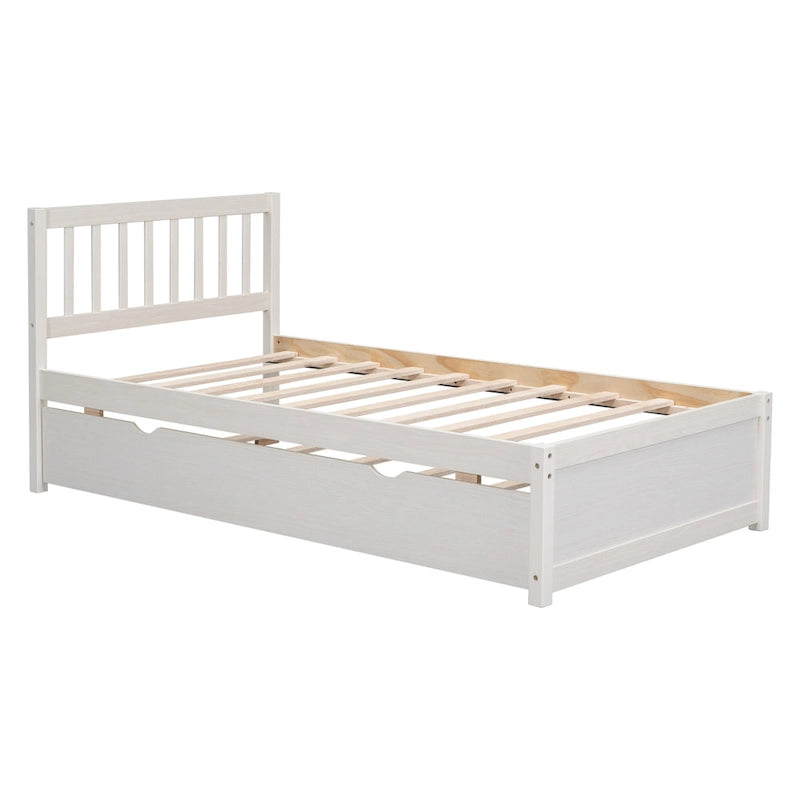 White Washed Solid Wood Twin Bed Frame with Pull-Out Trundle and Fence Headboard